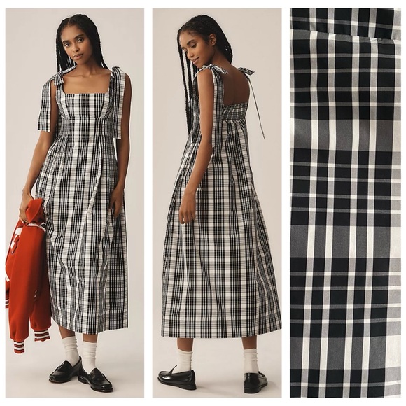 Anthropologie Dresses & Skirts - Anthropologie Maeve Black White Plaid Square-Neck Tie Strap Midi Dress Medium